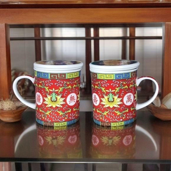 Eastern Asian Jingdezhen Red Longevity Lotus Porcelain Tea Infuser Lidded Cups - Picture 12 of 12